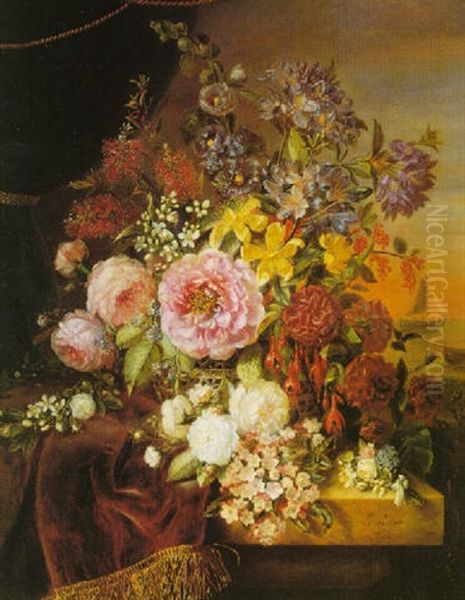 Still Life Of Peonies And Other Blossoms With Sunset Beyond - view 1