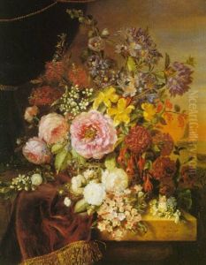 Still Life Of Peonies And Other Blossoms With Sunset Beyond