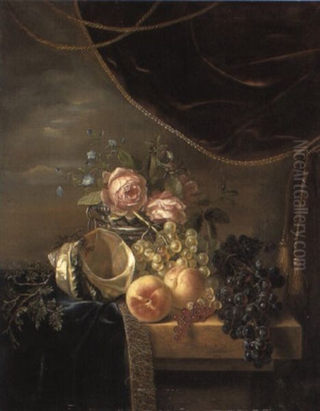 Still Life Of Flowers, Fruit, Conch Shell On Ledge - view 1