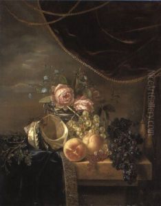 Still Life Of Flowers, Fruit, Conch Shell On Ledge by Antonie Rietveld