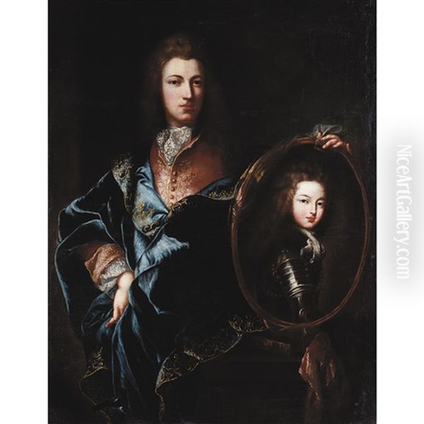 Portrait Of A Member Of The French Court Holding A Portrait Of Louis Xv - view 1