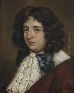 Portrait Of A Gentleman, Half-length, In A White Chemise And A Red Coat With A White Lace Cravatte And Blue Bowtie