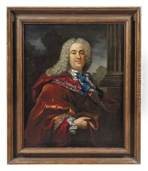 Portrait Of A Gentleman In A Richly Embroidered Maroon And Russet Cloak, A Landscape Beyond - view 1