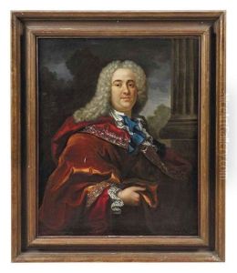 Portrait Of A Gentleman In A Richly Embroidered Maroon And Russet Cloak, A Landscape Beyond by Hyacinthe Rigaud