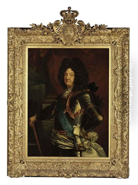 Portrait Of Louis Xiv In A Brown Periwig And Armor With White Sash And Blue Ribbon Of The St. Esprit, Holding A Baton - view 1