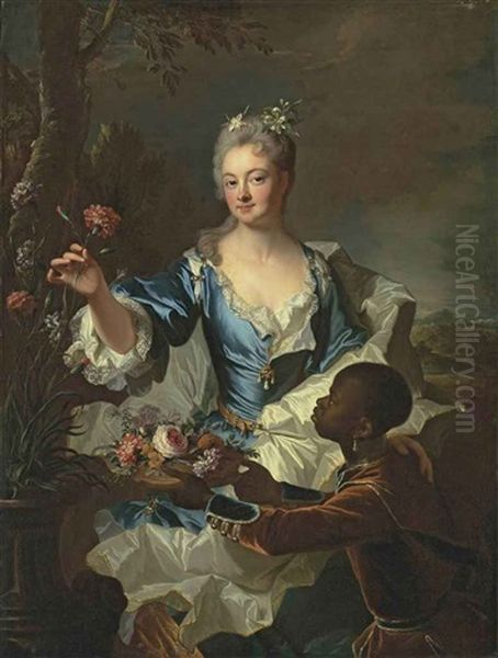 Portrait Of Hyacinthe-sophie De Beschanel-nointel, Marquise De Louville, In A Blue And White Dress With Pearls, With A Page In Livery Presenting A Basket... - view 1