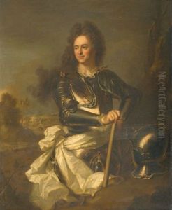 Portrait Du Marechal D'albret D'ailly, Duc De Chaulnes En Armure, Echarpe Blanche Appuye Sur Son Baton De Commandement by Hyacinthe Rigaud