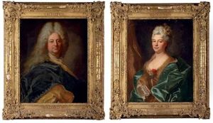 Portrait Of The Marquis De La Mesangere, Half-length, In A Blue Mantle With A Gold Brocade Lining (+ Another; Pair, Collab. W/studio) by Hyacinthe Rigaud