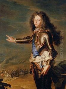 Portrait Of Louis De France, Duc De Bourgogne, In Armour, A Battlefield Beyond by Hyacinthe Rigaud