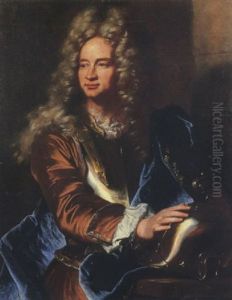 Ritratto Di Anton Giulio Il Brignole-sale In Abito Di Velluto Marrone, Mantello Blu Ed Armatura, Con La Mano Destra Su Un Elmo by Hyacinthe Rigaud
