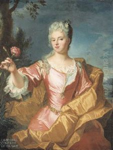Portrait Of Madame Lavieuville, Comtesse De Parabere, In A Pink Silk Dress With A Gold Wrap Holding A Pink by Hyacinthe Rigaud