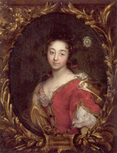 Portrait Of A Lady (marquisse De Rochebaron?) In A Red Dress And A Yellow Cape, With A Red Ribbon In Her Hair - view 1