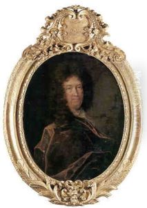 Portrait D'homme A La Lavalliere Brodee Et A La Draperie Rouge by Hyacinthe Rigaud