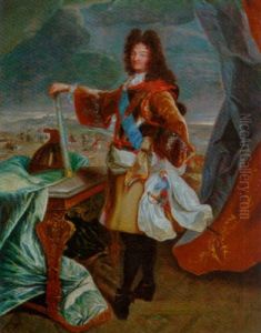 Portrait Of Louis Xiv In A Brown Coat With A Breastplate And Blue Sash, Holding A Baton In His Right Hand, A Battle Field Beyond by Hyacinthe Rigaud