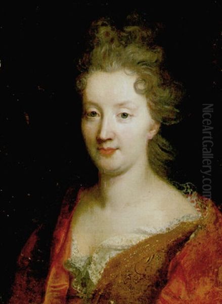 Portrait Of A Lady Wearing A Gold Dress Trimmed With Lace And A Red Silk Dress - view 1
