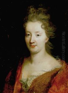 Portrait Of A Lady Wearing A Gold Dress Trimmed With Lace And A Red Silk Dress