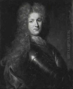 Portrait Of A Gentleman, Half Length, In Armor And A Mauve Cape by Hyacinthe Rigaud