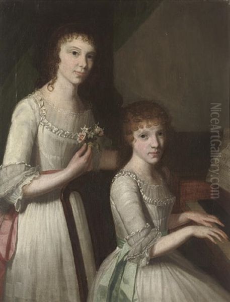 Double Portrait Of Sisters In White Dresses With Pink And Blue Sashes - view 1