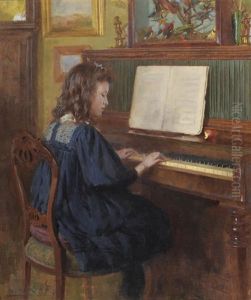 A Young Girl, Possibly The Artist's Daughter, Seated At A Piano Playing Music