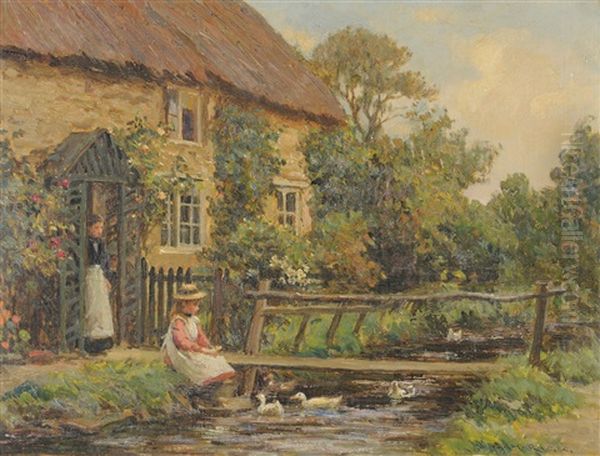 Girl Seated Beside A Stream Feeding Ducks - view 1