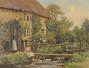 Girl Seated Beside A Stream Feeding Ducks by Ernest Higgins Rigg