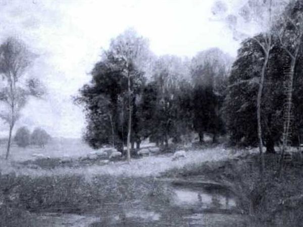 Sheep Grazing By A Woodland River - view 1