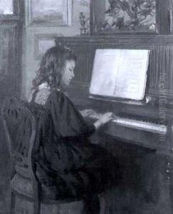 Portrait Of The Artist's Daughter At The Piano by Ernest Higgins Rigg