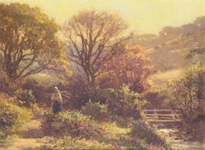 Girl Gathering Wood In A River Landscape by Ernest Higgins Rigg