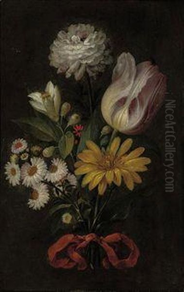 A Rose, A Lily And Other Blooms Tied With A Lilac Ribbon - view 1