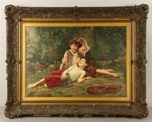 Italian School Painting Depicting Boy Feeding Young Girl Cherries by Vittorio Rignano