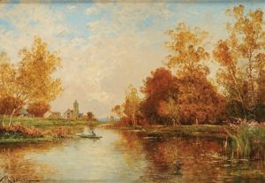 Pecheur En Automne, En Fond Une Eglise by Albert Gabriel Rigolot