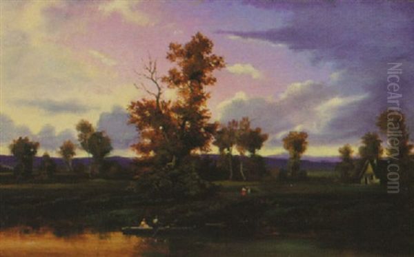 Country Landscape With Boaters On Pond, Mountains Beyond - view 1