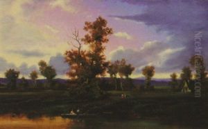 Country Landscape With Boaters On Pond, Mountains Beyond