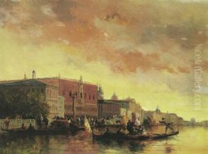 A View Of The Venetian Lagoon With Figures In Masquerade On Gondolas In The Foreground