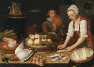 Ryck_pieter Cornelisz Van Groses Kuchenstillleben Mit Einer Magd Und Einem Kavalier, Restsignatur Und -datierung Links Vom Kopf Der Frau by Pieter Cornelisz van Rijck