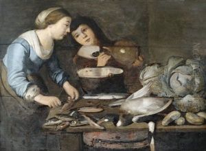 Kucheninterieur Mit Einem Gesindepaar Bei Der Verarbeitung Von Fischen, Auf Dem Arbeitstisch Kohlkopfe Und Eine Ente