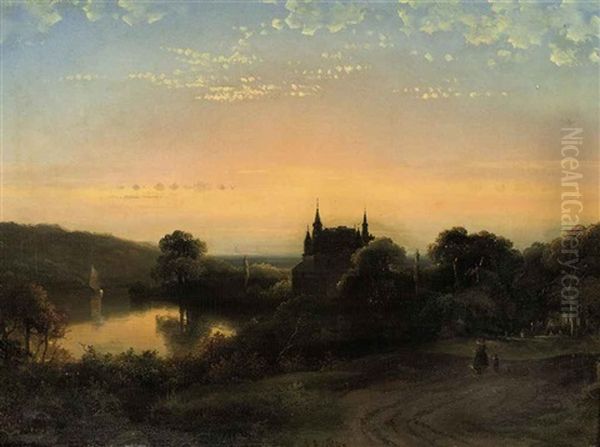 A Castle In A Wooded River Landscape At Sunset - view 1