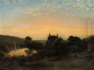 A Castle In A Wooded River Landscape At Sunset by Jacobus Augustinus De Rijk