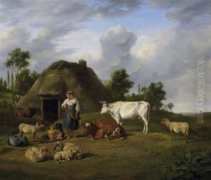 Landleben. Bauerin Mit Ihrem Vieh Auf Der Wiese Vor Dem Gehoft. Im Hintergrund Blick In Eine Weite Dunenlandschaft Landleben. Bauerin Mit Ihrem Vieh Auf Der Wiese Vor Dem Gehoft. Im Hintergrund Blick In Eine Weite Dunenlandschaft