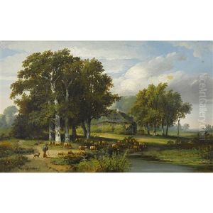 Weidende Schafe Am Weiher by Hermanus Jan Hendrik Rijkelijkhuysen