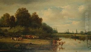 Cattle Watering (+ Another, Similar; Pair) by Hermanus Jan Hendrik Rijkelijkhuysen