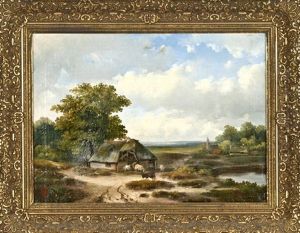 Spatromantische Landschaft, Hirte Mit Schafen Vor Dem Stall by Hermanus Jan Hendrik Rijkelijkhuysen