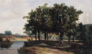 Besonnter Eichenhain An Kleinem Gewasser Mit Durchblick Auf Ferne Kirche Und Versteckte Reetgedeckte Anwesen Besonnter Eichenhain An Kleinem Gewasser Mit Durchblick Auf Ferne Kirche Und Versteckte Reetgedeckte Anwesen