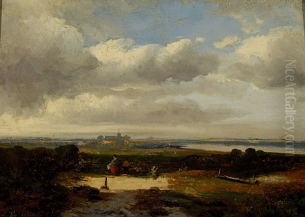 Figures In A Wide Landscape With In The Distance A City - view 1