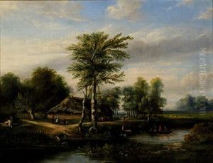 Figures Near A Farm In A Landscape Abound With Trees