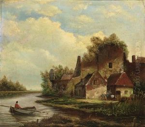 A River Landscape With A Fisherman In A Boat by Hermanus Jan Hendrik Rijkelijkhuysen