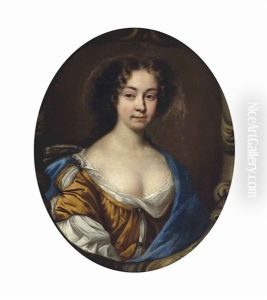 Portrait Of A Lady, Half-length, In A Brown And White Dress And Blue Wrap, In A Sculpted Cartouche