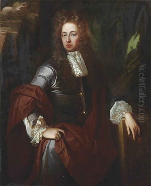 Portrait Of A Gentleman, Three-quarter-length, In A Grey Coat With Lace Cuffs And A Brown Cloak, In A Landscape - view 1