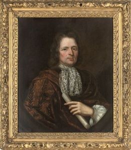 Portrait Of A Gentleman In A Brown Silk Robe And Lace Cravat by John Riley