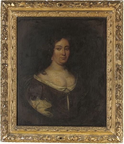 Portrait Of A Lady, Half-length, In Classical Brown Dress With Pearl Ornaments, In A Feigned Oval - view 1
